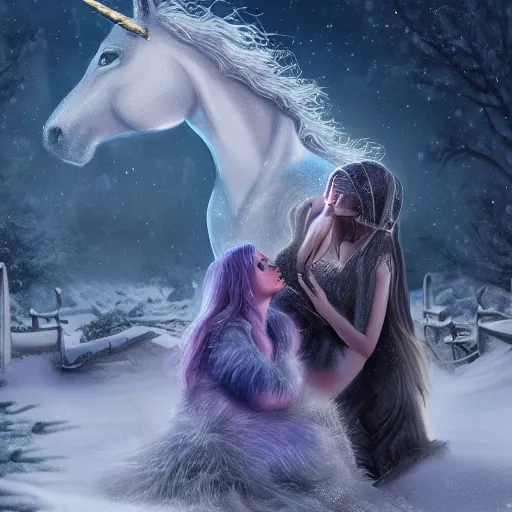 Prompt: a iridescent unicorn mourning a human in a snowy graveyard on a starry night, ultra realistic, concept art, intricate details, highly detailed, photorealistic, octane render, 8 k, fantasy art, art by mary jackson