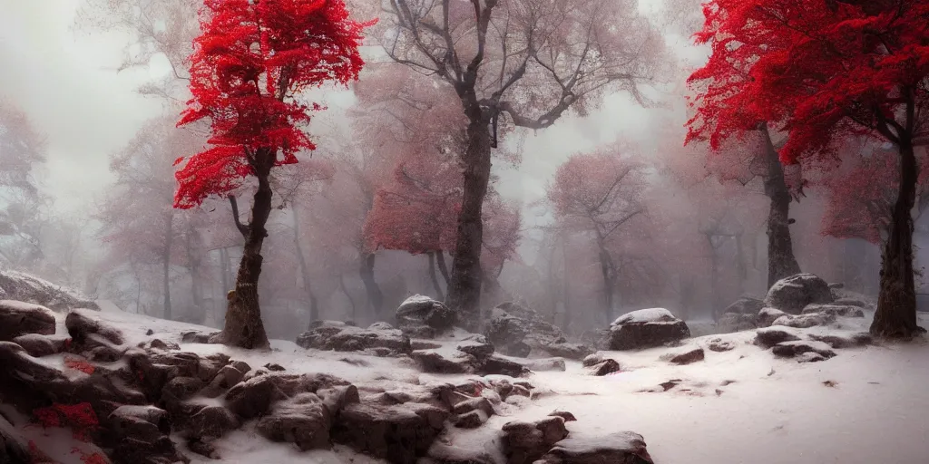 Image similar to A beautiful oil painting of a rocky valley covered in snow, trees with red leaves, thunderstorm in the sky, blue lighting, gloomy, atmospheric lighting, detailed, by greg rutkowski, trending on artstation