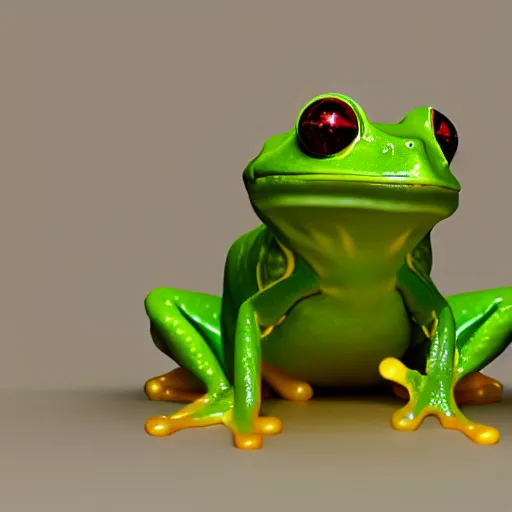 Prompt: a green tree frog made of jello, shiny, glowing eyes, octane render