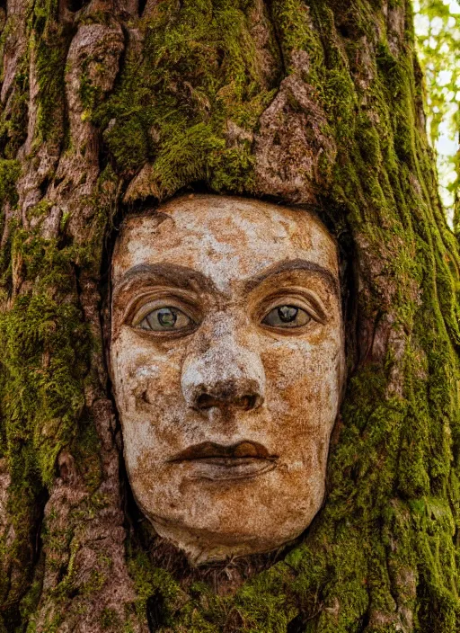 Image similar to photograph of hyperrealistic hyperdetailed ancient face inside a tree covered with bark and moss, in a dark mysterious forest at sunset