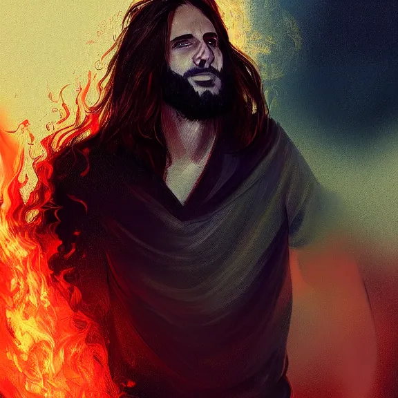 Image similar to marco bucci. digital painting of man on fire. Handsome. Long hair. portrait. ArtStation. Rule of thirds. Silouette. Pain.