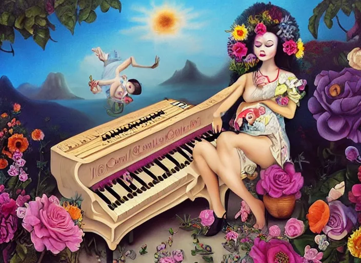 Image similar to 🌻🎹🎼, lowbrow in the style of camille rose garcia and mark ryden and salvador dali, 8 k, matte painting,