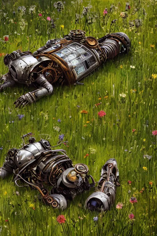 Image similar to a portrait of a broken mechanical steampunk robot laying in the meadow covered in plants by greg rutkowski, sung choi, mitchell mohrhauser, maciej kuciara, johnson ting, maxim verehin, peter konig, bloodborne, 8 k photorealistic, cinematic lighting, hd, high details, dramatic, dark atmosphere, trending on artstation