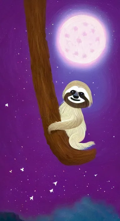 Prompt: a cute sloth hanging on a tree on a beautiful night with stars, made of beautiful colored thick flowing dramatic brush strokes, matte colors, trending on artstation