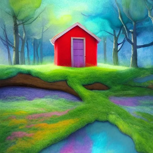 Image similar to small wooden house in the middle of spring forest, bright colours, watercolor, volumetric wool felting, macro photography, children illustration, by rhads