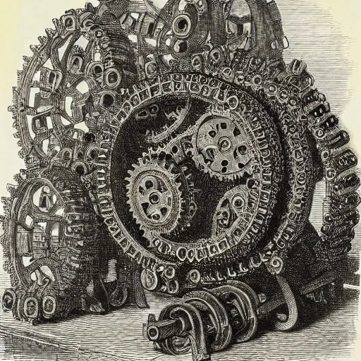 Prompt: A detailed engraving of a golem made of cogs and gears in the style of gustave dore