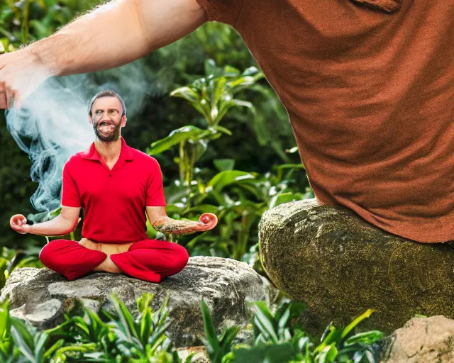 Image similar to mr robert is drinking fresh tea, smoke pot and meditate in a garden from spiral mug, detailed smiled face, muscular hands, golden hour closeup photo, red elegant shirt, eyes wide open