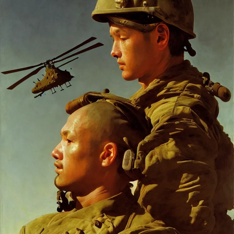 Image similar to portrait of a us soldier, vietnam war, majestic, posing in helicopter, fine art portrait painting, strong light, clair obscur, by caravaggio, by diego velazquez, by jean honore fragonard, by peter paul rubbens, by bouguereau, by gaston bussiere, craig mullins