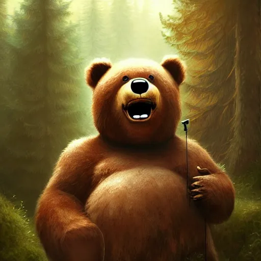 Prompt: a giant anthropomorphic bear singing on a stage in a forest, digital art, detailed face, highly detailed, calm, deviantart, art by greg rutkowski, artstation, natural lighting, dramatic