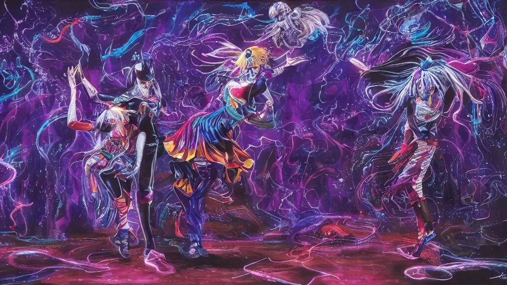 Image similar to a detailed painting of two people dressed as gen z dancing togheter in a nightclub, inspired by yoshitaka amano enveloped in trails of colorful animal ghosts floating around them. clean painting, realistic and auora lighting. dark blue and intense purple color palette, art by yoshiyuki tomino, 8 k