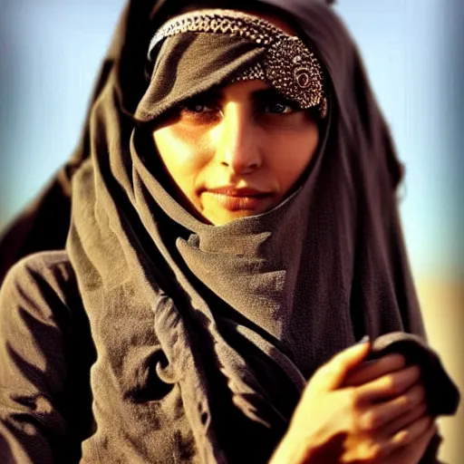 Image similar to beautiful burqa's woman, ride horse in saharan, dress like taliban, sharf eyes, white skin, riffle on chest, dust, cinematic, dynamic pose, pinterest