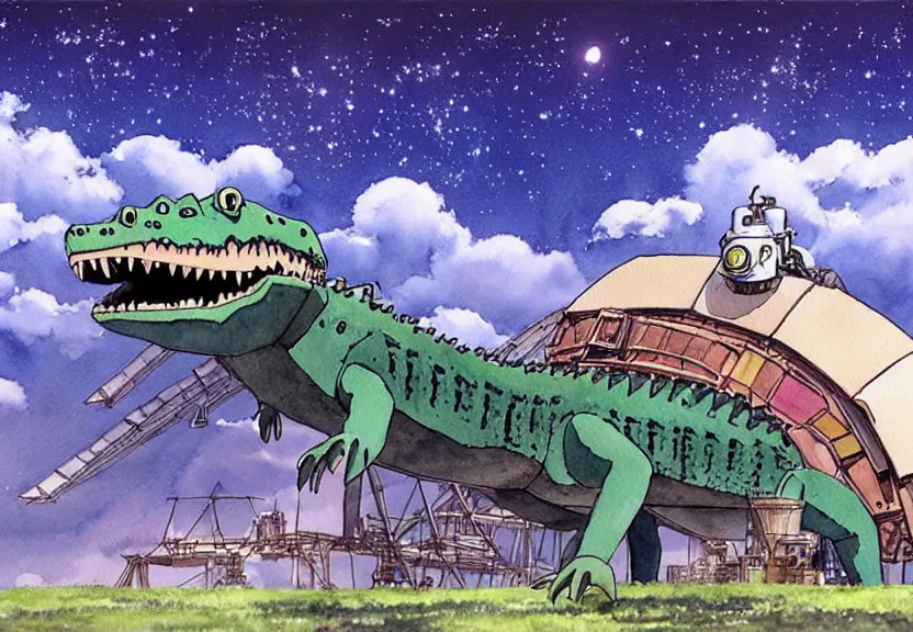 Image similar to a hyperrealist watercolor concept art from a studio ghibli film showing a giant mechanized crocodile from howl's moving castle ( 2 0 0 4 ). a pyramid is under construction in the background, in the rainforest on a misty and starry night. a ufo is in the sky. by studio ghibli