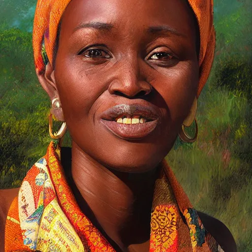 Image similar to portrait of a tanzanian woman ( 3 5 ) from tanzania, an oil painting by ross tran and thomas kincade