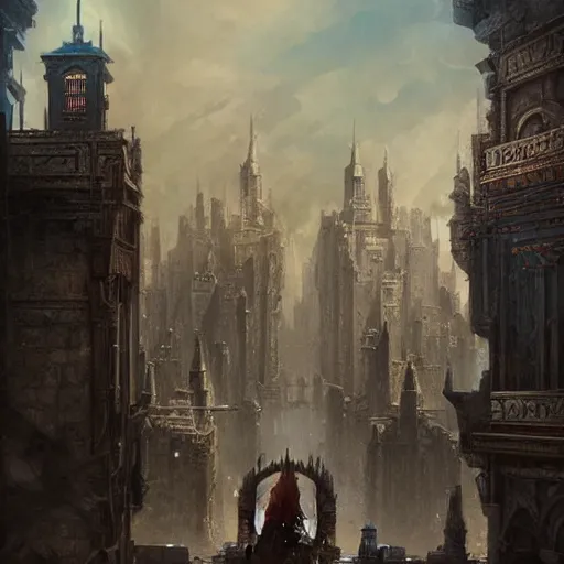 Image similar to portrair of a fantasy 1700 city ruined by war. fantastical setting, symmetric face, hyperrealism, epic fantasy digital art, fantasy style art, by Greg Rutkowski, fantasy magic the gathering card art style