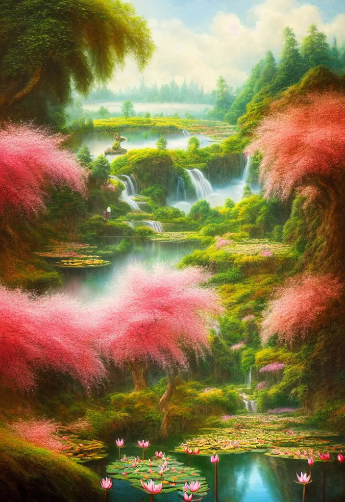 Image similar to a real photographic landscape painting with incomparable reality, wide angle, in forest, flowers, peach tree in full bloom, waterlily pond, bright style, harry potter, clearing,, john howe, magnificent, artstation