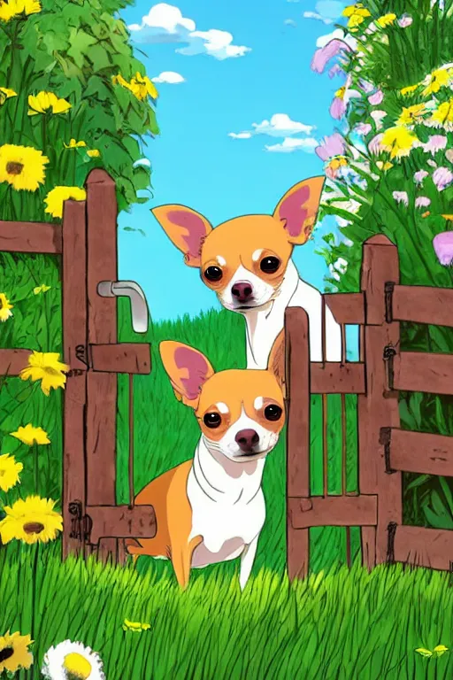 Image similar to A chihuahua looks through her garden gate, cel shaded cartoon in the style of studio Ghibli, sunny morning, cinematic lighting, summer