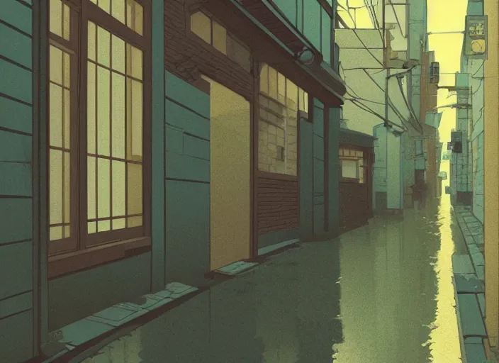 Image similar to window in foreground, tokyo alleyway, rainy day, by cory loftis, makoto shinkai, hasui kawase, james gilleard, beautiful, serene, peaceful, lonely, golden curve composition