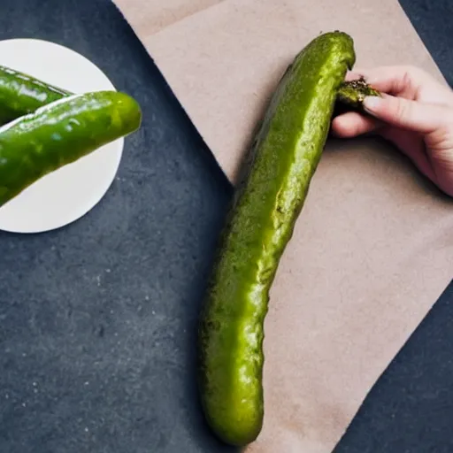 Image similar to a photo of a person unable to eat a pickle properly