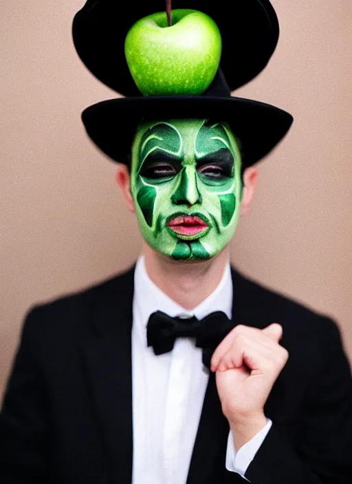 Prompt: a fashion portrait photograph of a man in a black suit wearing a black bowler hat with face painted as a green apple, 3 5 mm, color film camera,