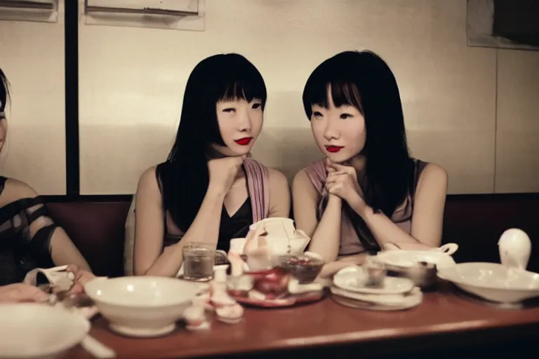 Prompt: movie interior closeup beautiful Japanese model lesbian couple closeup sitting and talking at 50s diner, night in the city, beautiful skin, by Emmanuel Lubezki