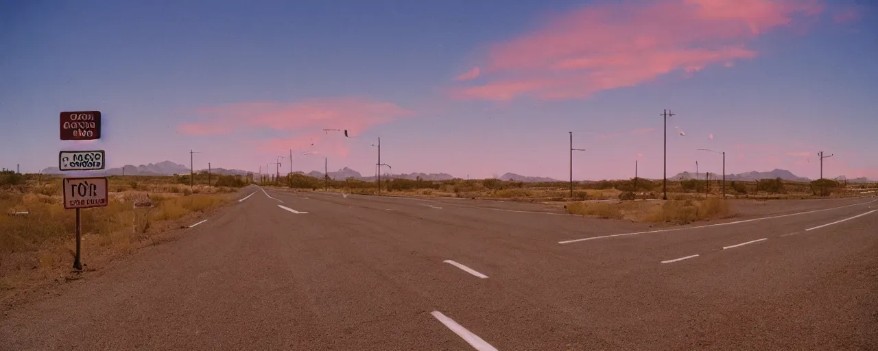 Prompt: highway advertisements promoting spaghetti, highway 5 0, arizona, sunset, canon 2 0 mm, shallow depth of field, kodachrome, in the style of wes anderson