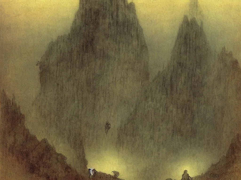 Prompt: Giant Balinese sculpted god in a ravine, fog, melancholy, noise, surreal canopy, Harsh, golden light, thunderstorm. Painting by Alfred Kubin, Caspar David Friedrich