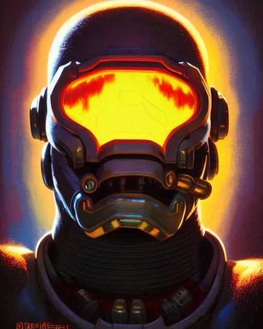 Image similar to doomfist from overwatch, character portrait, portrait, close up, concept art, intricate details, highly detailed, vintage sci - fi poster, retro future, vintage sci - fi art, in the style of chris foss, rodger dean, moebius, michael whelan, and gustave dore