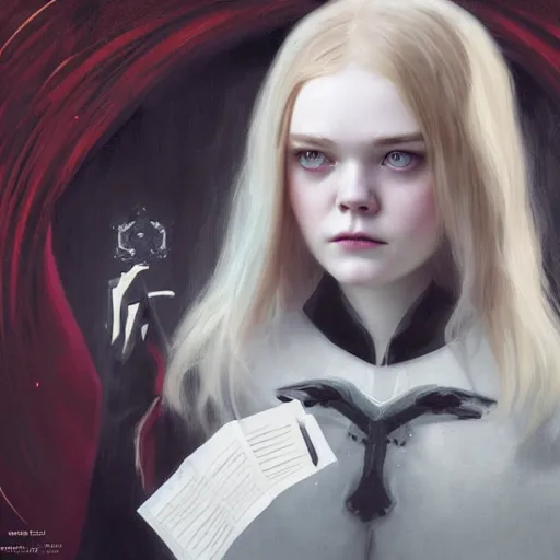 Image similar to elle fanning as a vampire in prey and dishonored, heavy rain, wind, thunder, reflections, deep focus, d & d, fantasy, intricate, elegant, highly detailed, digital painting, artstation, concept art, matte, sharp focus, illustration, hearthstone, art by artgerm and greg rutkowski and alphonse mucha