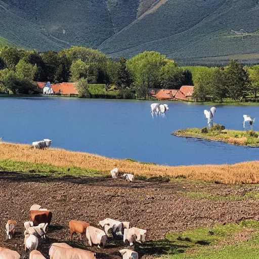 Image similar to beautiful landscape by Hugh Ferris, small houses, unexploited area, blue sky, sunny day, animals all around, cows and sheeps, big mountains in the back, huge lake, singing birds