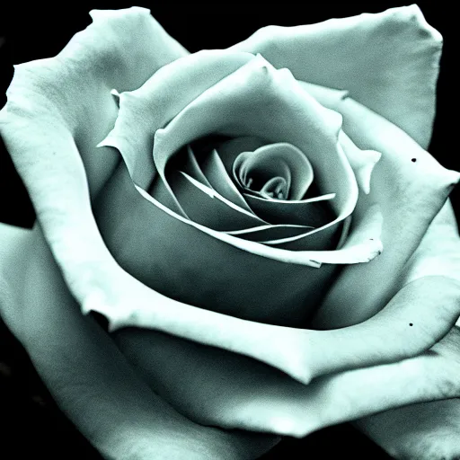 Prompt: rose underwater, award winning cyan and white photography, high contrast, high definition