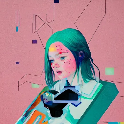 Prompt: Elle Fanning transcending into artificial intelligence picture by Sachin Teng, asymmetrical, dark vibes, Realistic Painting , Organic painting, Matte Painting, geometric shapes, hard edges, graffiti, street art:2 by Sachin Teng:4