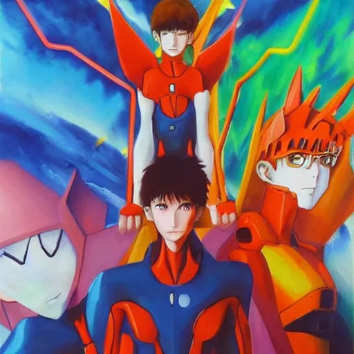 Image similar to an oil painting of the angels of the anime series neon genesis evangelion