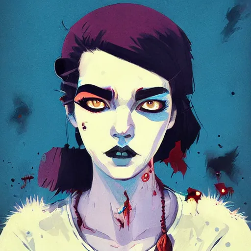 Image similar to Highly detailed portrait of a punk zombie young lady by Atey Ghailan, by Loish, by Bryan Lee O'Malley, by Cliff Chiang, ((dark blue moody background))