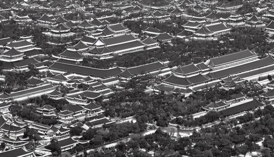 Prompt: top view of the forbidden city, the black and white palace buildings in the wei, jin and northern and southern dynasties in ancient china, the hard and strong buildings, the neat and dense buildings, the cool colors, the bird's - eye view, the panorama, left right symmetry, cg original.