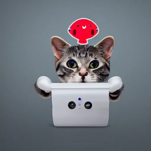 Image similar to robotic cat holding a computer mouse in his mouth