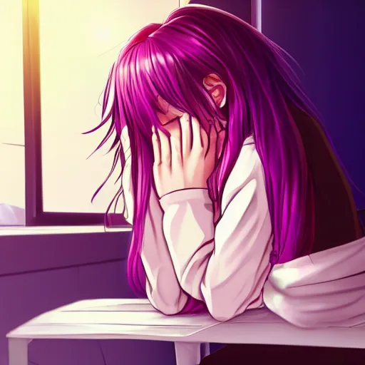 Tired anime girl sleeping on chair with head on desk