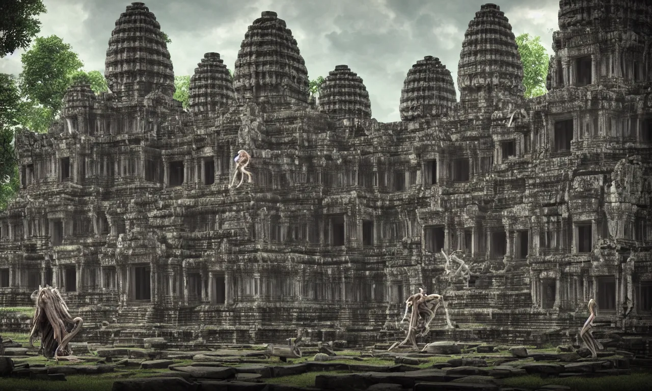 Image similar to by nadezda and david stoupakis, visually stunning, cinematic, ultra realistic, hyper realism, 1 2 k, epic, octane render, unreal engine, vfx, maya, xenomorph - temple angkor wat