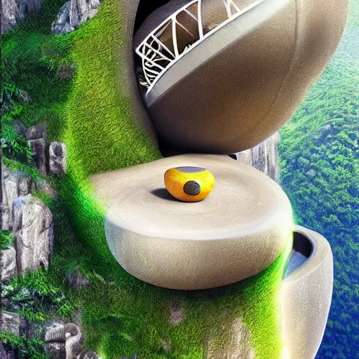 Image similar to beautiful portrait of bamboo living pods shaped like a football embedded on the side of a cliff, the time machine, art by artgerm, artwork by beeple