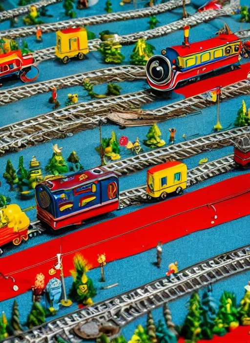 Image similar to wide - angle portrait of a retro tin toy train set, depth of field, zeiss lens, detailed, symmetrical, centered, fashion photoshoot, by nicoletta ceccoli, mark ryden, lostfish, earl nore, hyung tae, frank frazetta, breathtaking, 8 k resolution, extremely detailed, beautiful, establishing shot, artistic, hyperrealistic, octane render