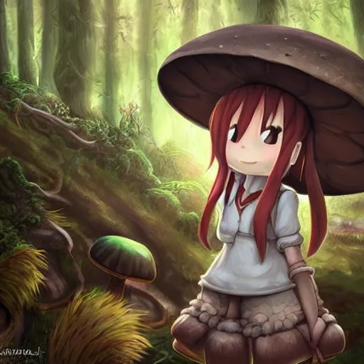 Image similar to cute little girl with a mushroom hat in dark forest, cute artwork, clean detailed, inspired in made in abyss, detailed background