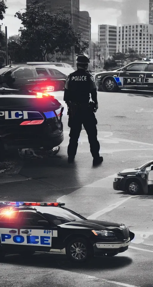Prompt: man getting arrested by police, police car in background with bright police sirens, lens glare, dramatic lighting, cinematic, establishing shot, extremely high detail, photo - realistic, cinematic lighting