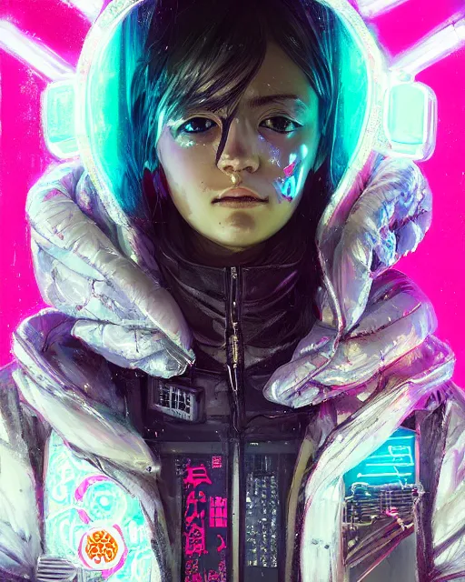 Image similar to detailed portrait Neon Operator Girl, cyberpunk futuristic neon, reflective puffy coat, decorated with traditional Japanese ornaments by Ismail inceoglu dragan bibin hans thoma greg rutkowski Alexandros Pyromallis Nekro Rene Maritte Illustrated, Perfect face, fine details, realistic shaded, fine-face, pretty face