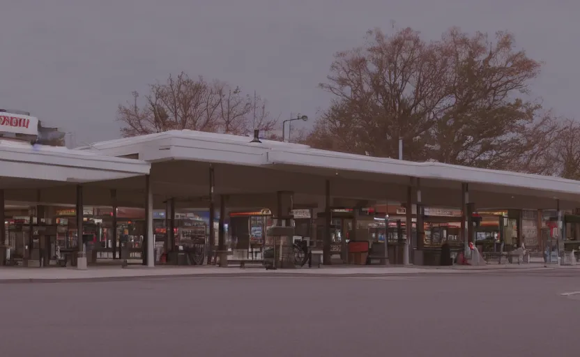 Image similar to cinematic still screenshot of the port byron travel plaza, shot by saul leiter, camera height 7 feet, moody cinematography, 2 4 mm anamorphic lens