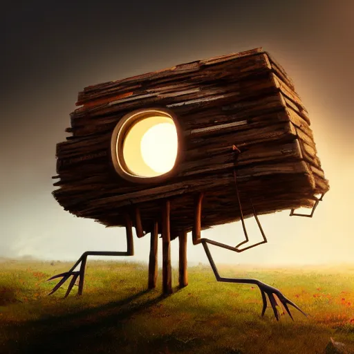 Image similar to a walking wood and metal house with two legs and two big eyes, rust, hyperrealistic, highly detailed, cinematic, single ray of sun, morning, pareidolia, gravity falls style, beautiful, cgssociety, artstation, 8 k, oil painting, digital art