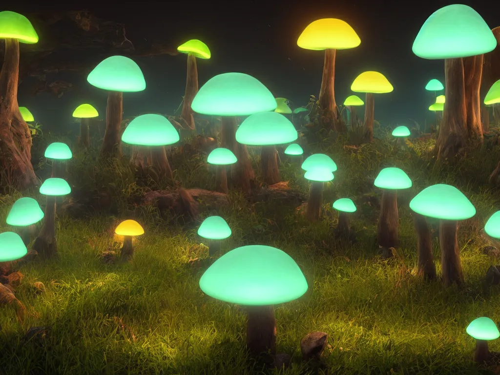 Prompt: many large bioluminescent mushrooms with glowing spores, unreal engine 5, uhd wallpaper 8k