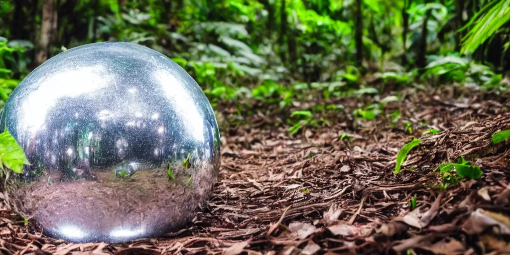 Image similar to photo of a chrome blob deep in tropical jungle, sharp wide shot