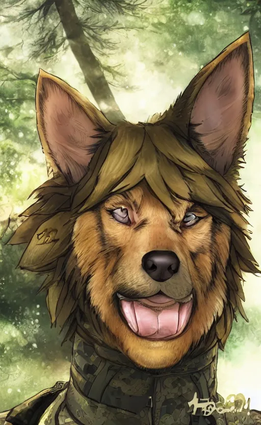 Prompt: close up character portrait icon of the german shepard beast - man military uniform head animal person wearing clothes standing in the bright forest, hidari, color page, tankoban, 4 k, tone mapping, akihiko yoshida