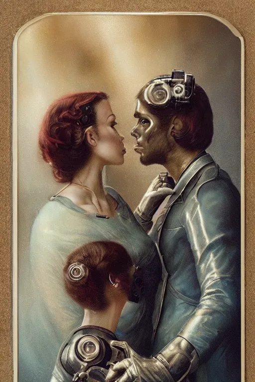 Image similar to a beautiful ultradetailed vintage photo of two cyborgs facing away from each other looking at their cellphones, by tom bagshaw and anna dittman, couples portrait, vignette, 3 5 mm lens, golden ratio composition, detailed faces, studio photography, very detailed, humanoids, industrial robots, artstation, 8 k, highly coherent