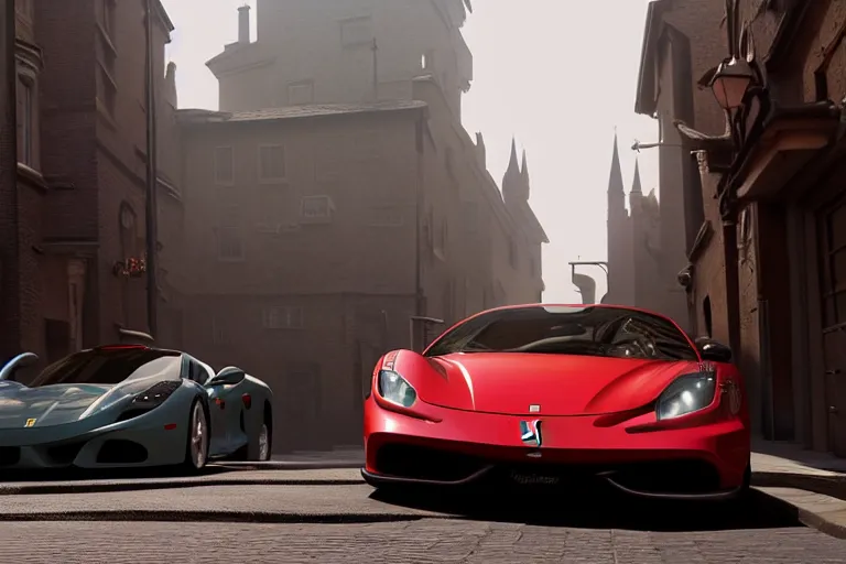 Image similar to a wholesome animation key shot of one focused ferrari, dynamic, on an ancient london street, wide shot, studio ghibli, pixar and disney animation, sharp, very detailed, high resolution, rendered in unreal engine 5, anime key art by greg rutkowski, overcast lighting, dark