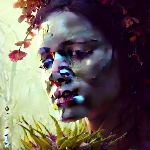 Image similar to a beautiful portrait of a plant goddess with closed eyes by Greg Rutkowski and Raymond Swanland, Trending on Artstation, ultra realistic digital art